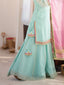 Close view of the Mira mint sharara suit set showing the side tassel detail, embroidery and pink dupatta.
