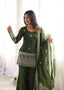 Close front view of the Mehendi green embroidered suit set showing the neckline, cuffs, hem detail and sheer dupatta.