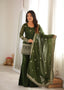 Model wearing the Mehendi green embroidered bell bottom suit set with matching dupatta, full front view.