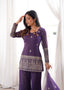 Close front view of the Isha purple embroidered suit set showing the neckline, sleeves, hem detail and bell bottom trousers.