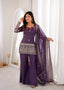 Model wearing the Isha purple embroidered bell bottom suit set with matching dupatta, full front view.