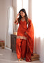 Model wearing the Zarina rust embroidered farshi shalwar suit set with dupatta, full front styling view.