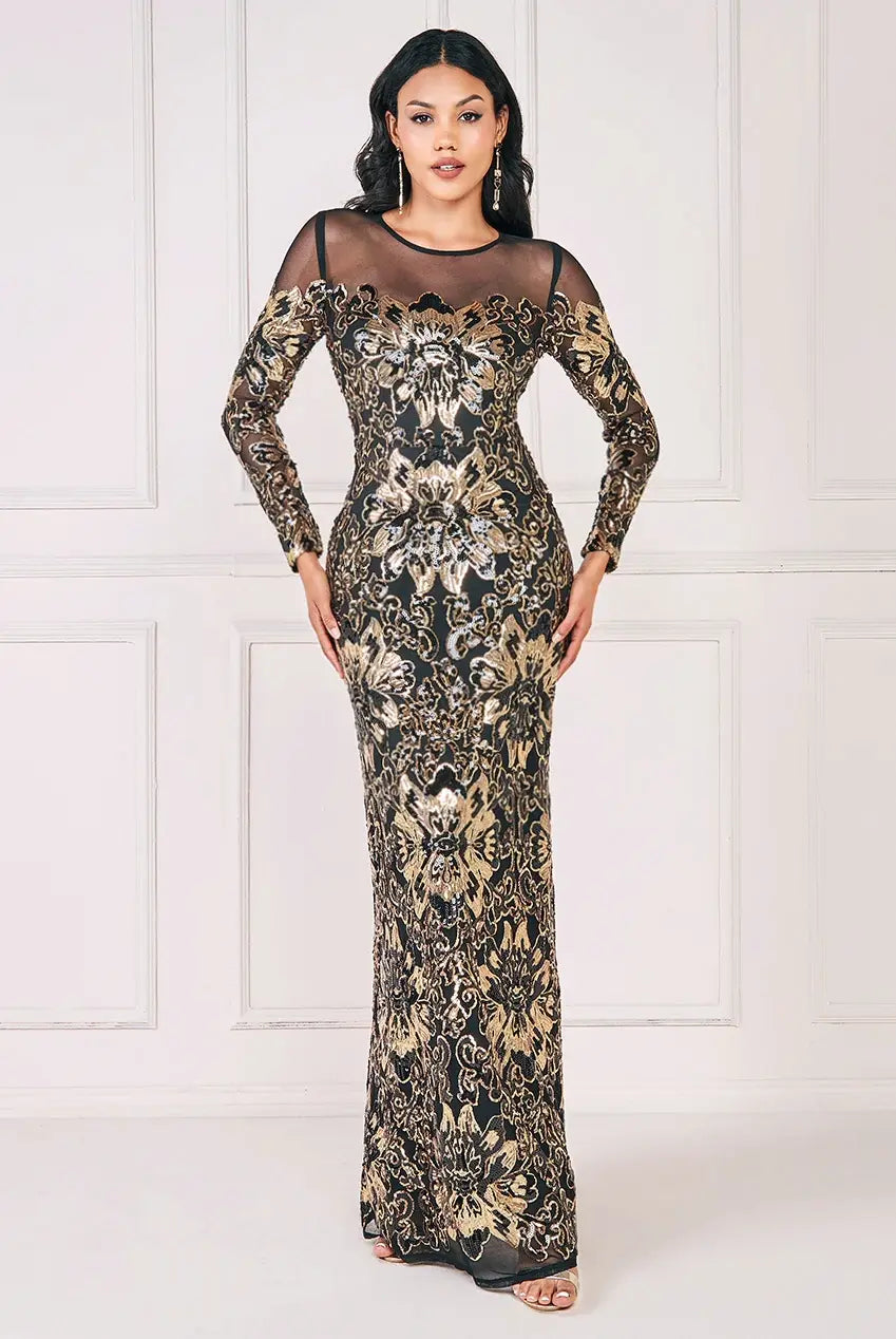 black and gold sequin dress long sleeve Gold and Black Sequined Short Dress with Open Back main image 0