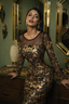 Model wearing Aurora black and gold sequin long sleeve maxi dress
