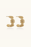Gold floral filigree hoop earrings shown from the front with ornate openwork design