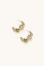 Angled view of 14K gold-plated filigree hoops showing lace-like floral pattern and posts
