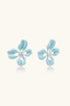 Close-up of sky blue enamel flower earrings with crystal centre