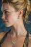 Model wearing Azure Radiance blue moissanite sterling silver halo drop earrings