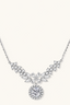 Sterling silver wing necklace with round moissanite halo drop pendant, front view
