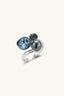 White Gold-Plated Trinity Ring, front view, blue zirconia and grey pearl-style cluster
