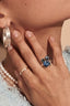 Close-up of zirconia cluster, showing polished white gold-plated band and mixed stones
