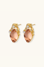 Side angle of Coral Heirloom Studs showing gold plated baroque setting, zirconia stones and coral-pink glass
