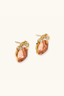 Angled view of Coral Heirloom Studs gold plated stud earrings with marbled coral-pink liuli glass detail