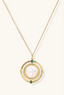 Cosmic Pearl Pendant close-up – 18K gold plated orbital pendant with mother of pearl and green zirconia