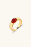 Crimson Crown Gold-Plated Ring, front view, oval red cabochon in brushed gold band