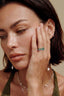 Close-up of emerald-green zirconia, showing channel setting and polished white gold-plated band