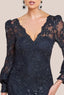 Close-up of Fiora navy embroidered lace bodice and scalloped V neckline