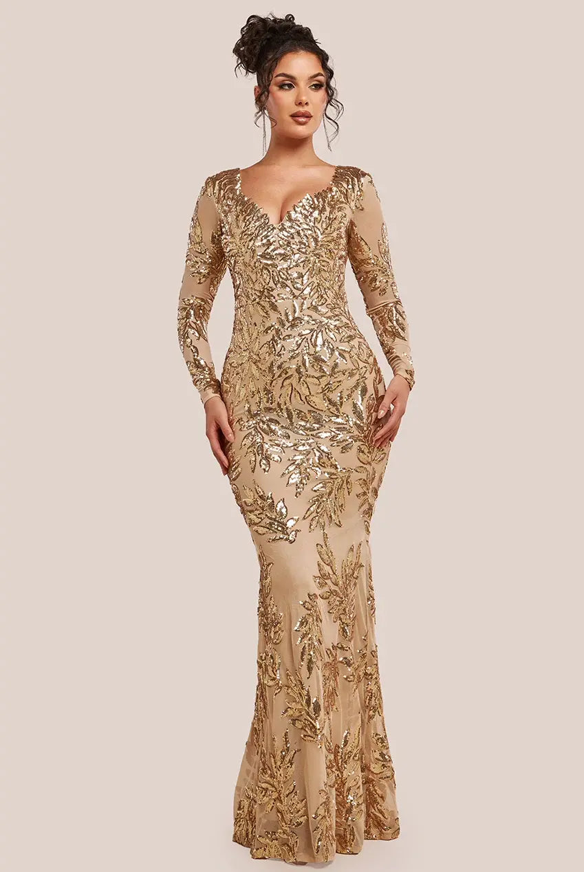 Gold Sequin Fishtail Maxi Dress | Serenade Gold