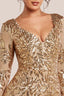 Close-up of Serenade Gold leaf sequin bodice and V neckline
