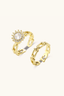 Two-piece gold plated ring set with halo cubic zirconia ring and chunky chain band stacked together