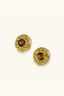 Pair of tiger’s eye statement stud earrings with green liuli halo and textured gold finish