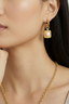 Model wearing Golden Pearl Drop Hoops 24K gold vermeil pearl drop earrings