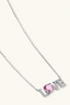 Side angle of pink moissanite LOVE necklace in sterling silver