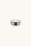 Front view of adjustable white gold plated chevron ring with pixel-set cubic zirconia stones