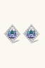 Rainbow moissanite geometric halo stud earrings in 925 sterling silver with diamond-style pavé frame, front view.