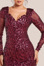 Close-up of Serenade Burgundy leaf sequin bodice and V neckline