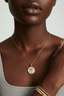 Model wearing Rose Garden Dreams Necklace – dainty 18K gold plated floral pendant with enamel rose and freshwater pearl