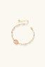 Adjustable gold plated bracelet with rose quartz centre stone and pastel beads on chain extender