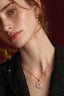 Model 2 wearing Rose Garden Dreams Necklace – dainty 18K gold plated floral pendant with enamel rose and freshwater pearl