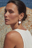 Model 1 wearing baroque pearl drops, showing gold-plated stud and pink centre detail