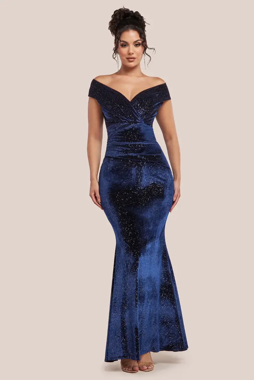 Navy Sparkle Velvet Bardot Maxi Dress | Sorella