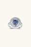 Celestial Radiance moissanite halo ring angled view showing baguette halo detail