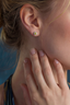 model wearing yellow moissanite halo stud earrings