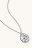 Side angle of sterling silver teardrop moissanite pendant necklace with pavé detail