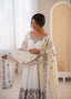 Ivory embroidered Anarkali suit showing the neckline, full sleeves and matching dupatta