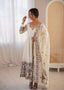 Full length front view of the ivory embroidered Anarkali suit with trousers and dupatta