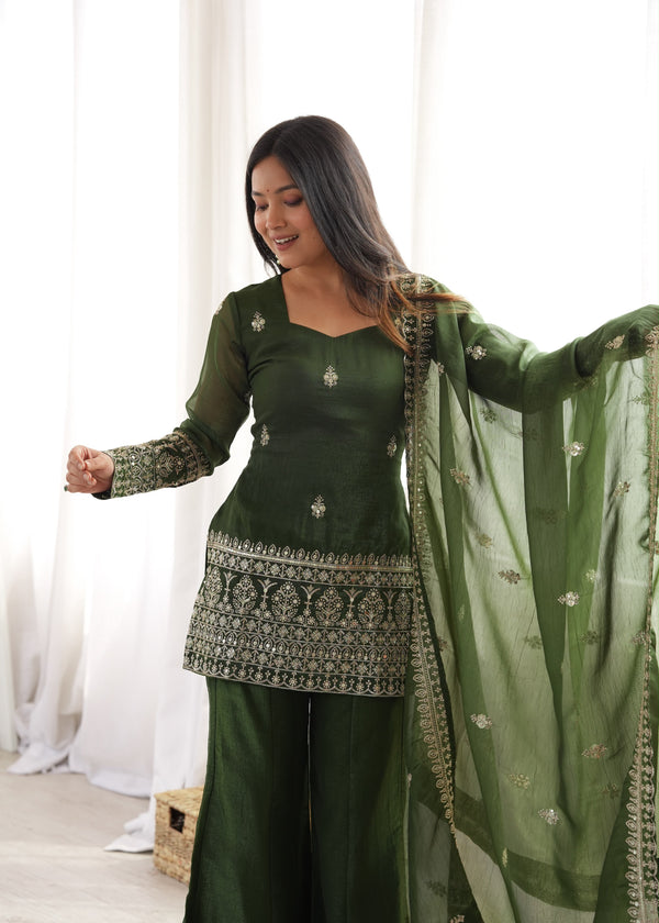 Model wearing the Mehendi green embroidered bell bottom suit set with matching dupatta, full front and back view, video